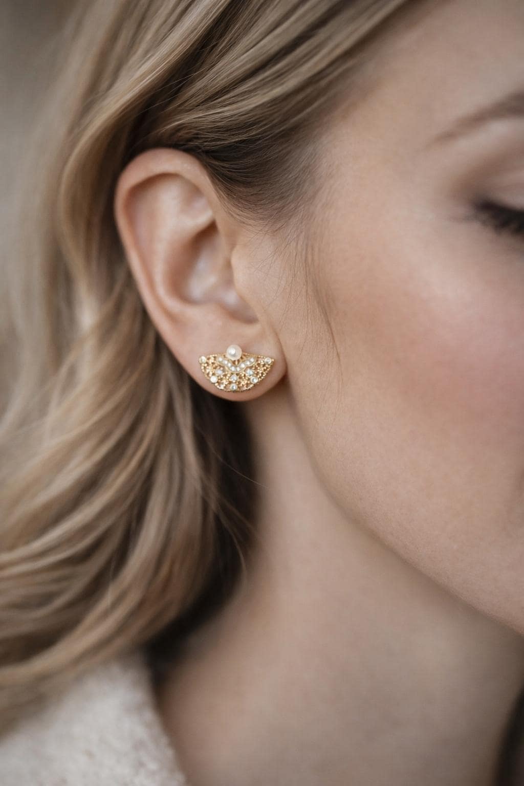 4pcs Glass Pearl Fan Shape Earrings, Real Gold Plated Brass, Dainty Fan Stud Earring (#GB-1587)